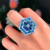 Elegant Shiny Blue Zirconia 3D Design Luxury Big Flower Open Size Ring - Image 6