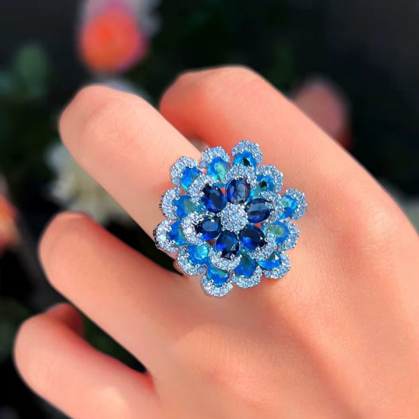 Elegant Shiny Blue Zirconia 3D Design Luxury Big Flower Open Size Ring - Image 6