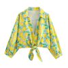 Fashion and Temperament Slim Fit Versatile Linen Print Knot Decoration Casual Top - Image 4