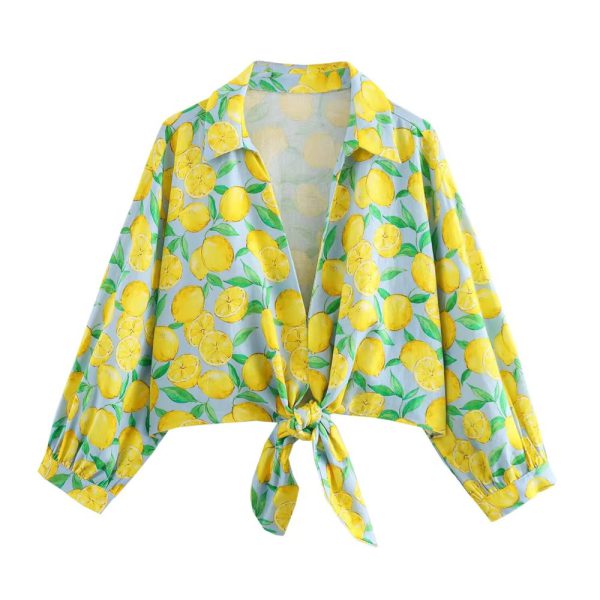 Fashion and Temperament Slim Fit Versatile Linen Print Knot Decoration Casual Top - Image 4