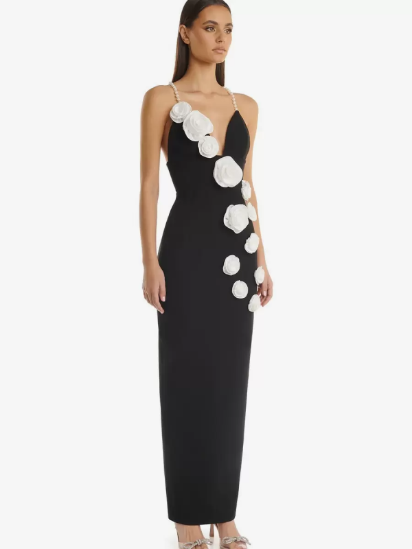 Flower Pattern V-Neck Ankle-Length Ball Gown Cocktail Dress - Image 4
