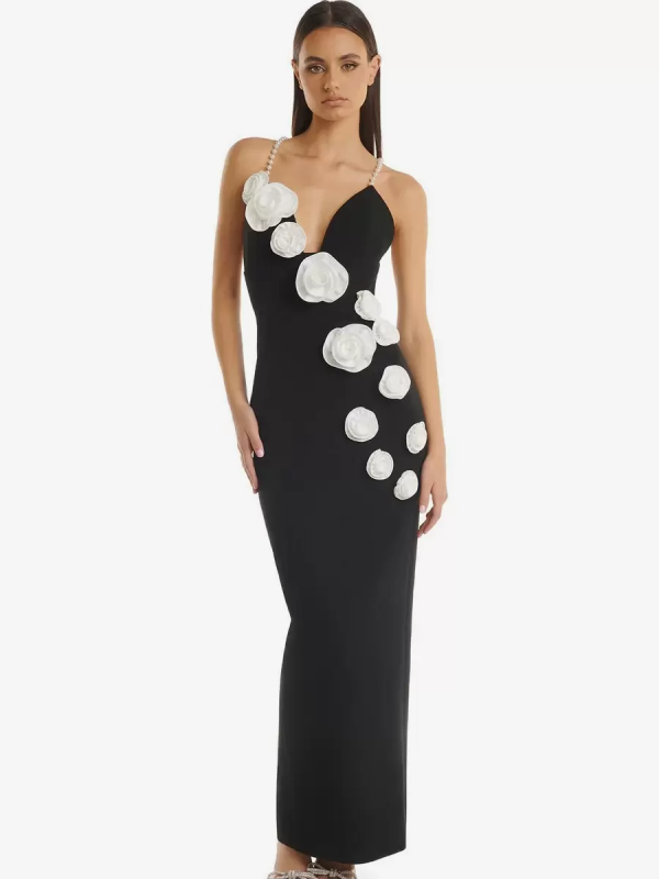Flower Pattern V-Neck Ankle-Length Ball Gown Cocktail Dress