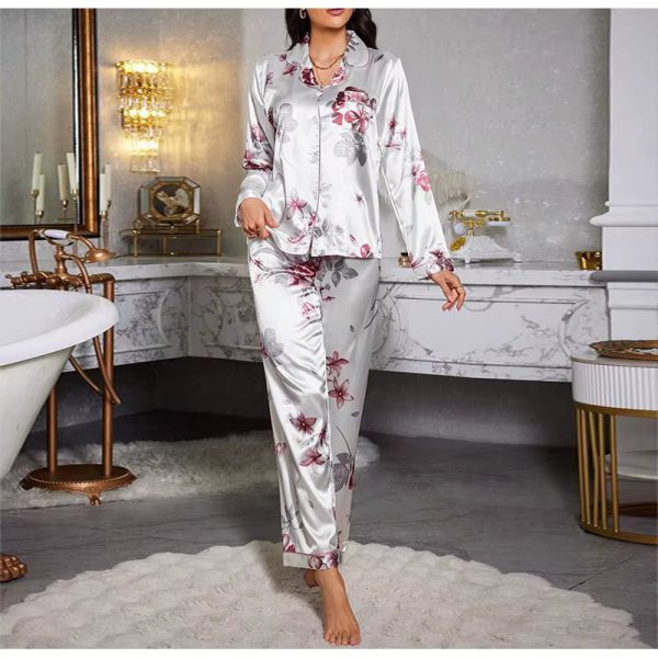 Flower Printed Satin Fashion Long Sleeves and Elastic Two Piece Set - Image 5
