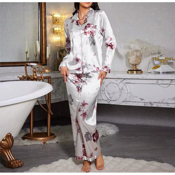Flower Printed Satin Fashion Long Sleeves and Elastic Two Piece Set