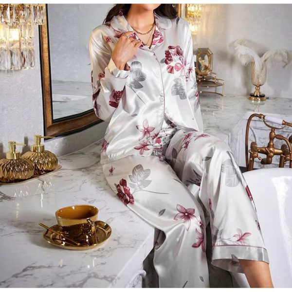 Flower Printed Satin Fashion Long Sleeves and Elastic Two Piece Set - Image 2