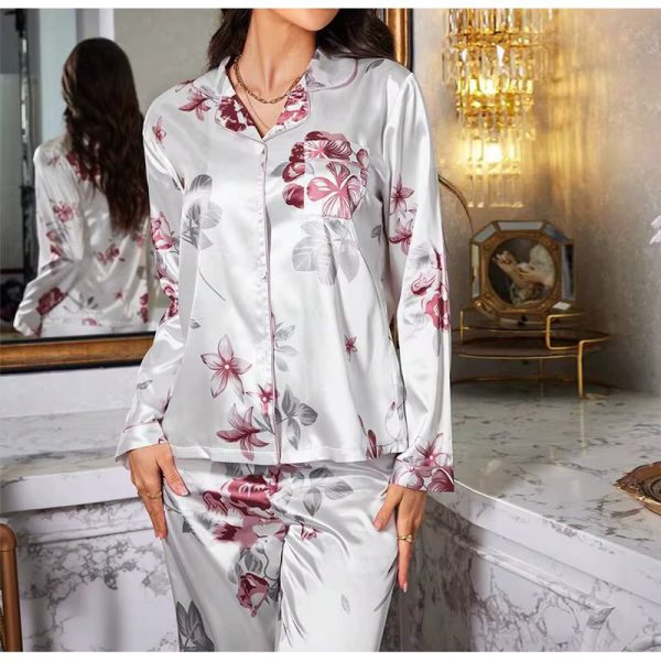 Flower Printed Satin Fashion Long Sleeves and Elastic Two Piece Set - Image 3