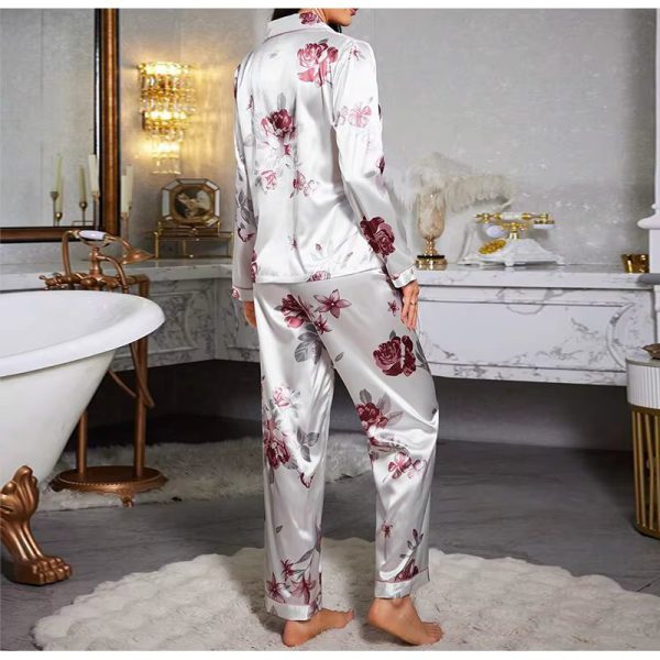 Flower Printed Satin Fashion Long Sleeves and Elastic Two Piece Set - Image 4