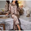 Flower Printed Satin Pajama Set with Long Top and Pants Casual Suit Set