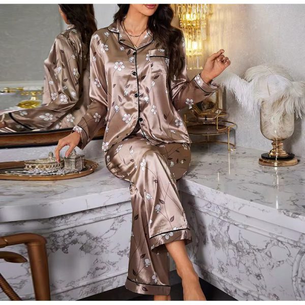 Flower Printed Satin Pajama Set with Long Top and Pants Casual Suit Set
