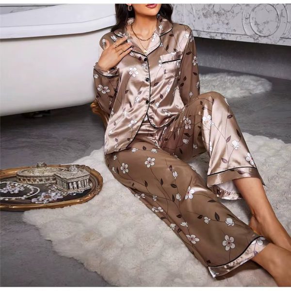 Flower Printed Satin Pajama Set with Long Top and Pants Casual Suit Set - Image 2