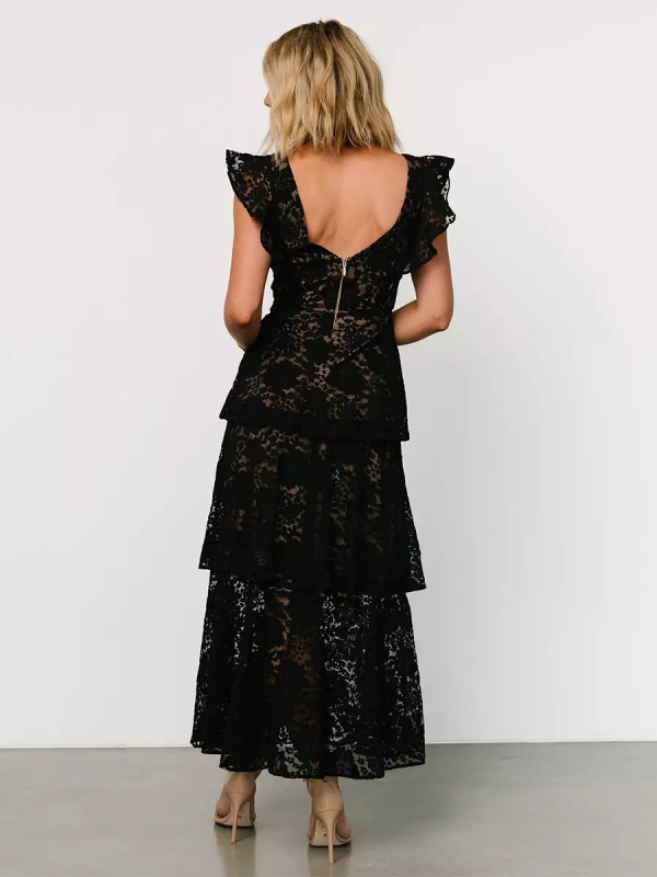 Flutter Sleeve V-Neck Fashion Lace Layered Maxi Dress - Image 3