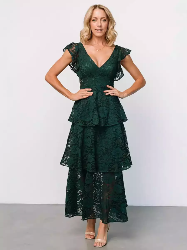 Flutter Sleeve V-Neck Fashion Lace Layered Maxi Dress