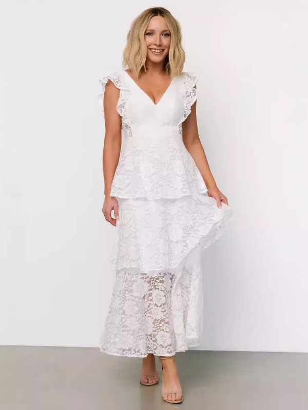 Flutter Sleeve V-Neck Fashion Lace Layered Maxi Dress - Image 7
