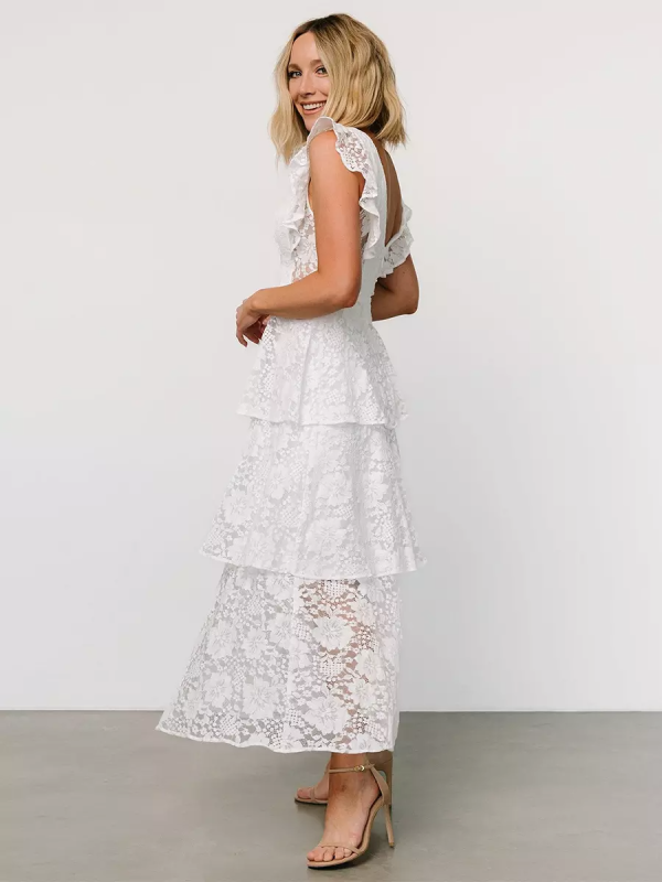 Flutter Sleeve V-Neck Fashion Lace Layered Maxi Dress - Image 6