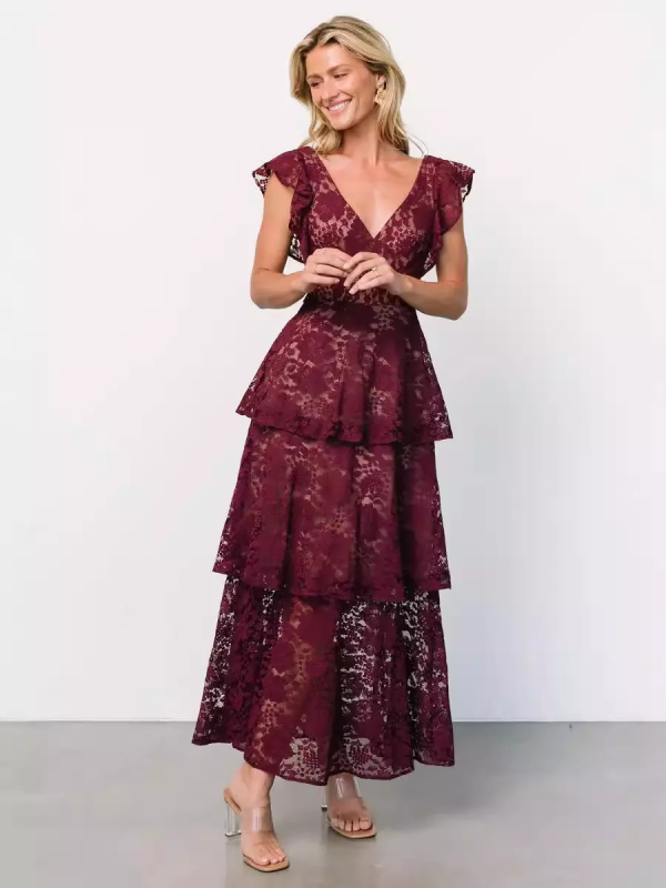 Flutter Sleeve V-Neck Fashion Lace Layered Maxi Dress - Image 5