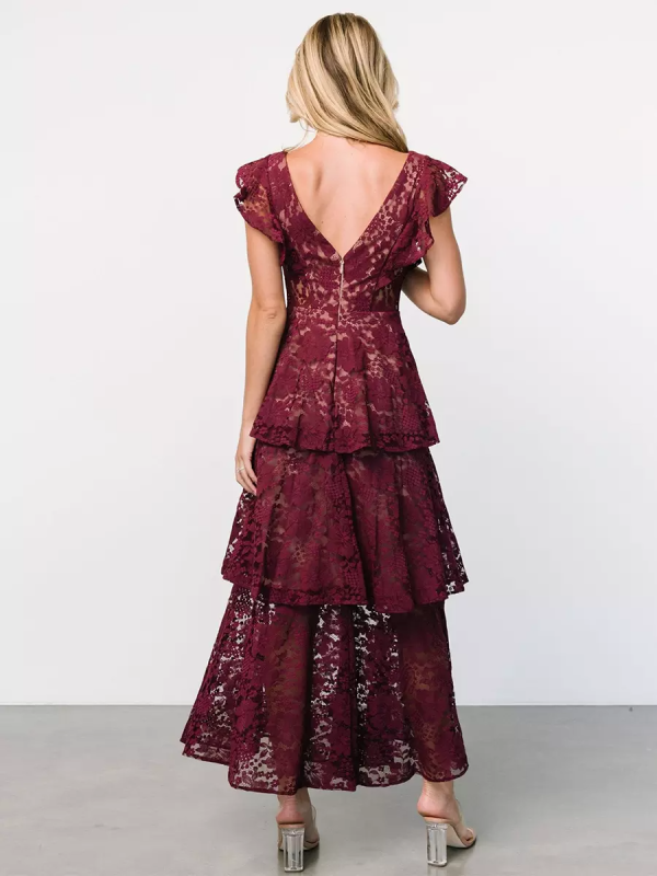 Flutter Sleeve V-Neck Fashion Lace Layered Maxi Dress - Image 4