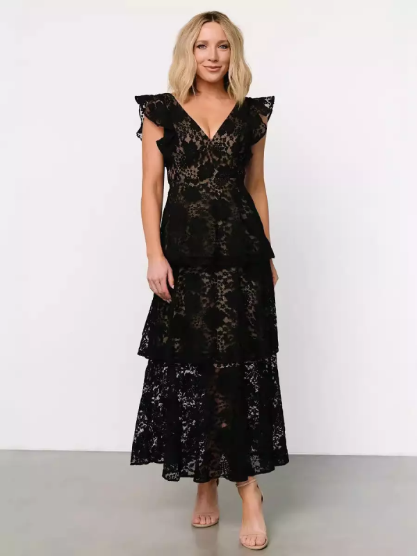 Flutter Sleeve V-Neck Fashion Lace Layered Maxi Dress - Image 2