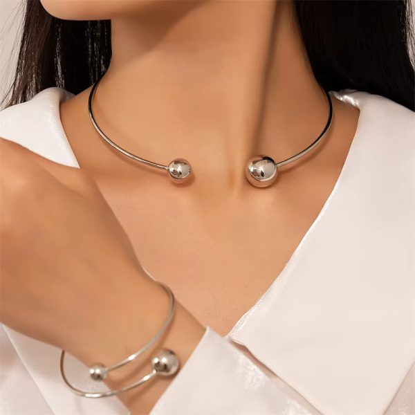Geometric Metal Round Ball Torques American Style Personality Cuff Necklace Jewelry Set