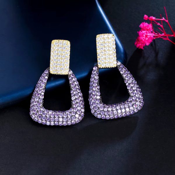 Geometric Shape Fashion Purple Cubic Zirconia Long Dangle Earrings - Image 2