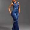 Halter Backless Fashion Sleeveless Straight Jean Overalls Cargo Denim One Piece Jumpsuit