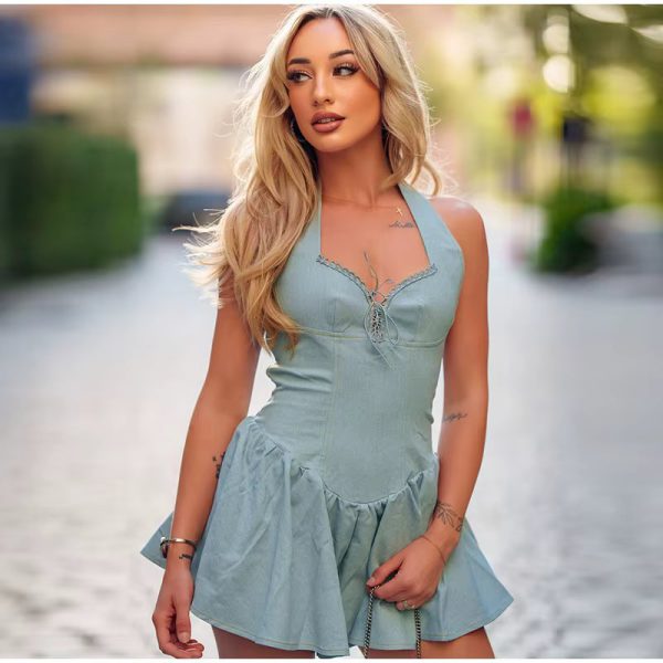 Halter Fashion Backless Sleeveless High Waist Lace-up A-line Dresses - Image 4