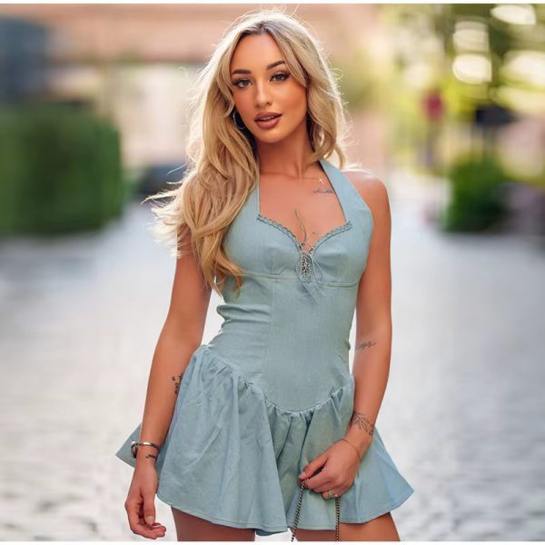 Halter Fashion Backless Sleeveless High Waist Lace-up A-line Dresses - Image 5