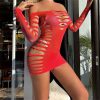 Hollow Out See Through Fashion Slash Neck Off Shoulder Short Mini Dress - Image 2
