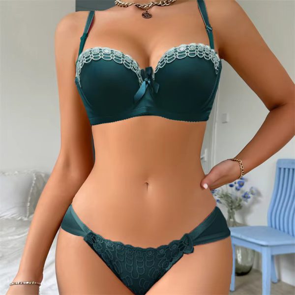 Lace Floral Embroidery Fashion Stain Bow And V-Neck Low Waist Thongs Bra Brief Sets - Image 5