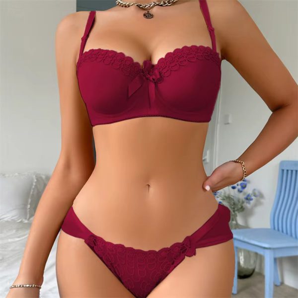 Lace Floral Embroidery Fashion Stain Bow And V-Neck Low Waist Thongs Bra Brief Sets - Image 9