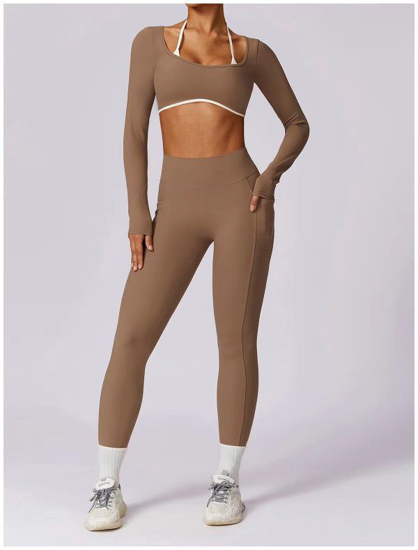 Long Sleeve Crop Top Fashion High Waist Leggings 2 Pieces Sports Suits