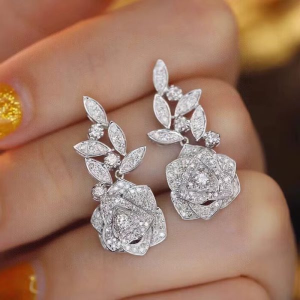 Luxury Flower Design Dangle  Silver Color Earrings - Image 3