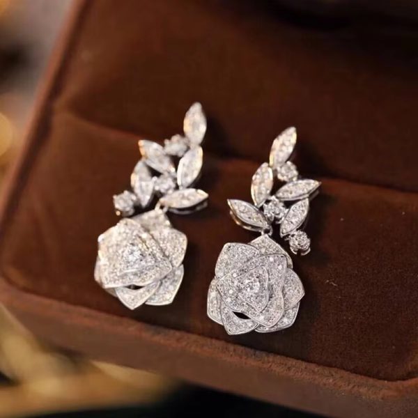 Luxury Flower Design Dangle  Silver Color Earrings - Image 4