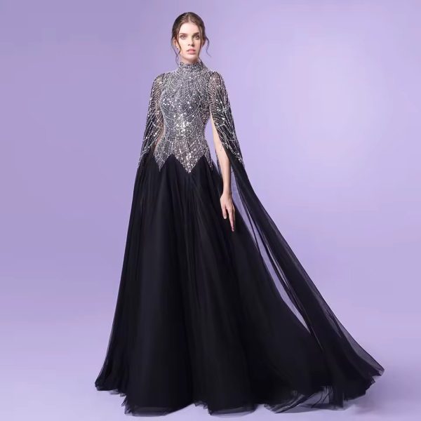 Luxury Pearls Fashion Elegant High Neck Aline Cape Sleeves Gowns