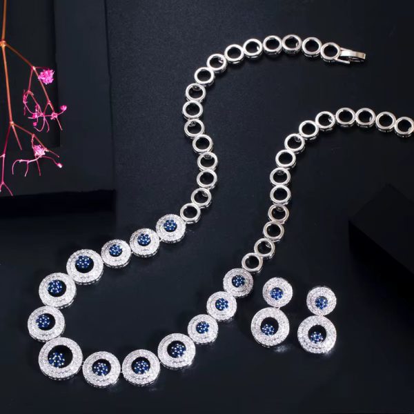 Luxury Shiny Royal Blue Zirconia Round Shape Necklace Earrings Jewelry Set - Image 3