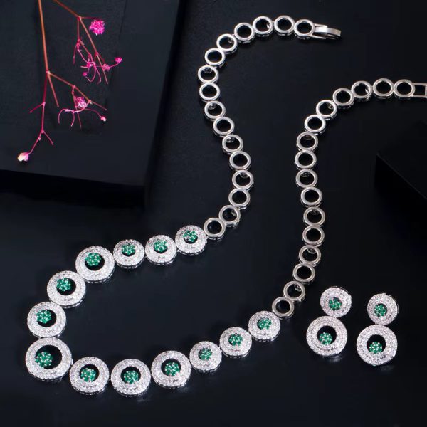 Luxury Shiny Royal Blue Zirconia Round Shape Necklace Earrings Jewelry Set