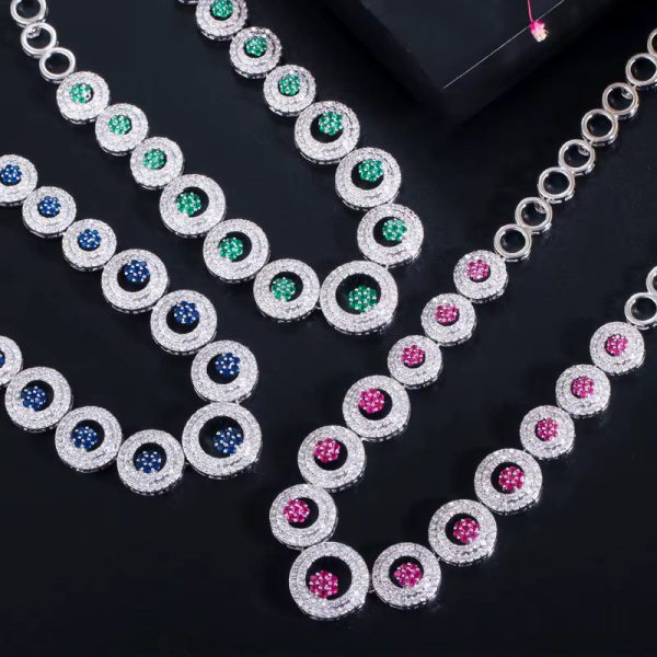 Luxury Shiny Royal Blue Zirconia Round Shape Necklace Earrings Jewelry Set - Image 4