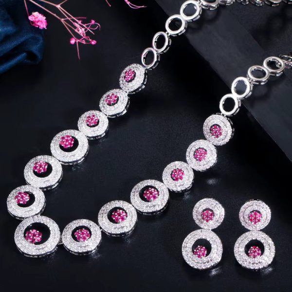 Luxury Shiny Royal Blue Zirconia Round Shape Necklace Earrings Jewelry Set - Image 2
