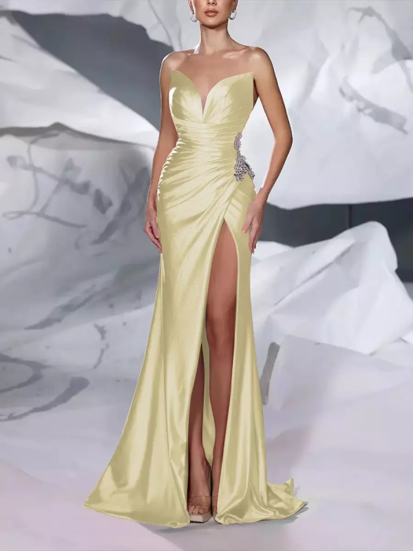 Mermaid Sweetheart Neck With Train Sleeveless Zipper Front Split Satin Evening Dress - Image 2