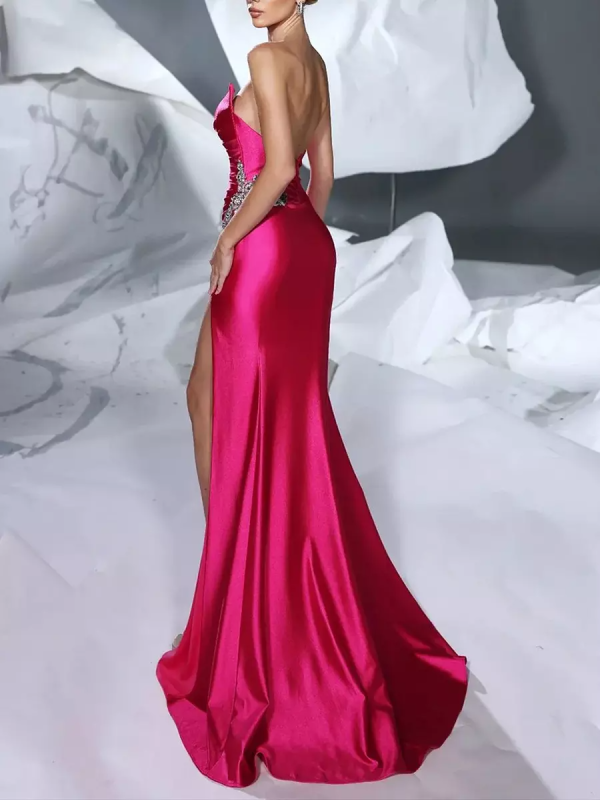 Mermaid Sweetheart Neck With Train Sleeveless Zipper Front Split Satin Evening Dress - Image 12