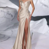 Mermaid Sweetheart Neck With Train Sleeveless Zipper Front Split Satin Evening Dress - Image 16