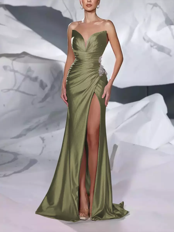 Mermaid Sweetheart Neck With Train Sleeveless Zipper Front Split Satin Evening Dress - Image 5