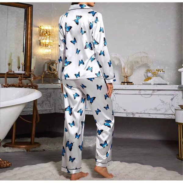Satin Butterfly Printed Fashion long sleeved Elastic Waist Long Casual Sleepwear Two Piece Set - Image 7