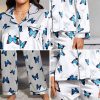 Satin Butterfly Printed Fashion long sleeved Elastic Waist Long Casual Sleepwear Two Piece Set - Image 2