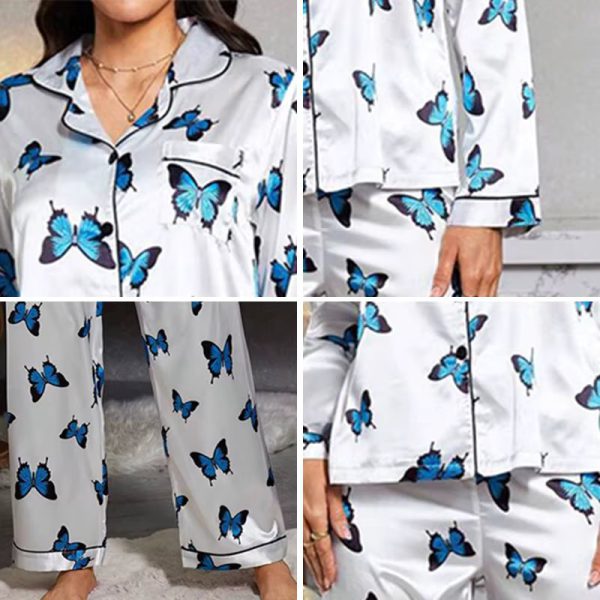 Satin Butterfly Printed Fashion long sleeved Elastic Waist Long Casual Sleepwear Two Piece Set - Image 2
