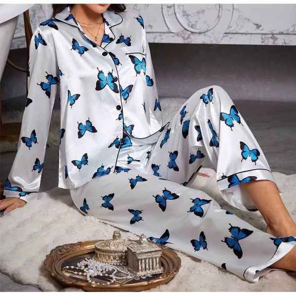 Satin Butterfly Printed Fashion long sleeved Elastic Waist Long Casual Sleepwear Two Piece Set