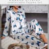 Satin Butterfly Printed Fashion long sleeved Elastic Waist Long Casual Sleepwear Two Piece Set - Image 3