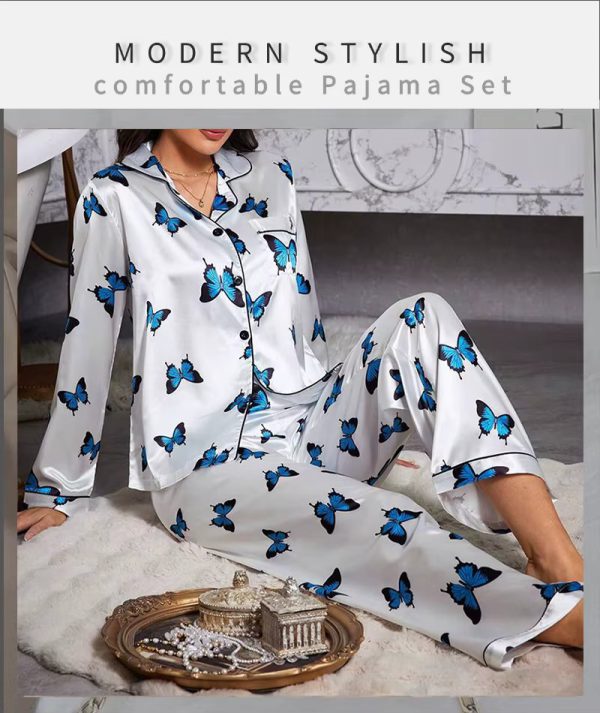 Satin Butterfly Printed Fashion long sleeved Elastic Waist Long Casual Sleepwear Two Piece Set - Image 3