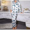 Satin Butterfly Printed Fashion long sleeved Elastic Waist Long Casual Sleepwear Two Piece Set - Image 4