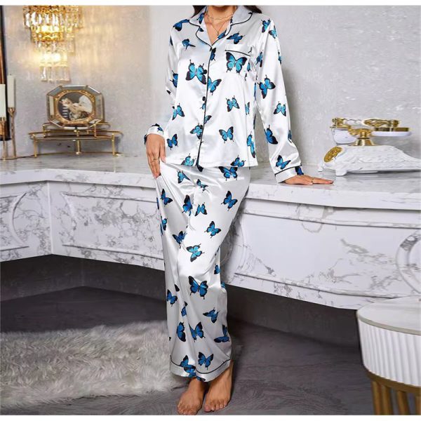 Satin Butterfly Printed Fashion long sleeved Elastic Waist Long Casual Sleepwear Two Piece Set - Image 4