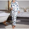 Satin Butterfly Printed Fashion long sleeved Elastic Waist Long Casual Sleepwear Two Piece Set - Image 5